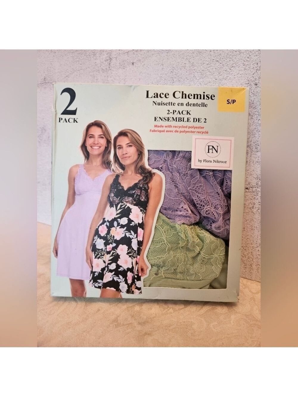 Flora Nikrooz Size Small Solid Green and Mauve 2 Pack of Lace Chemises
